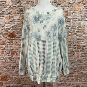 NWT Crepas Blue Tie Dye Stripe Colorblock Pullover Top size small